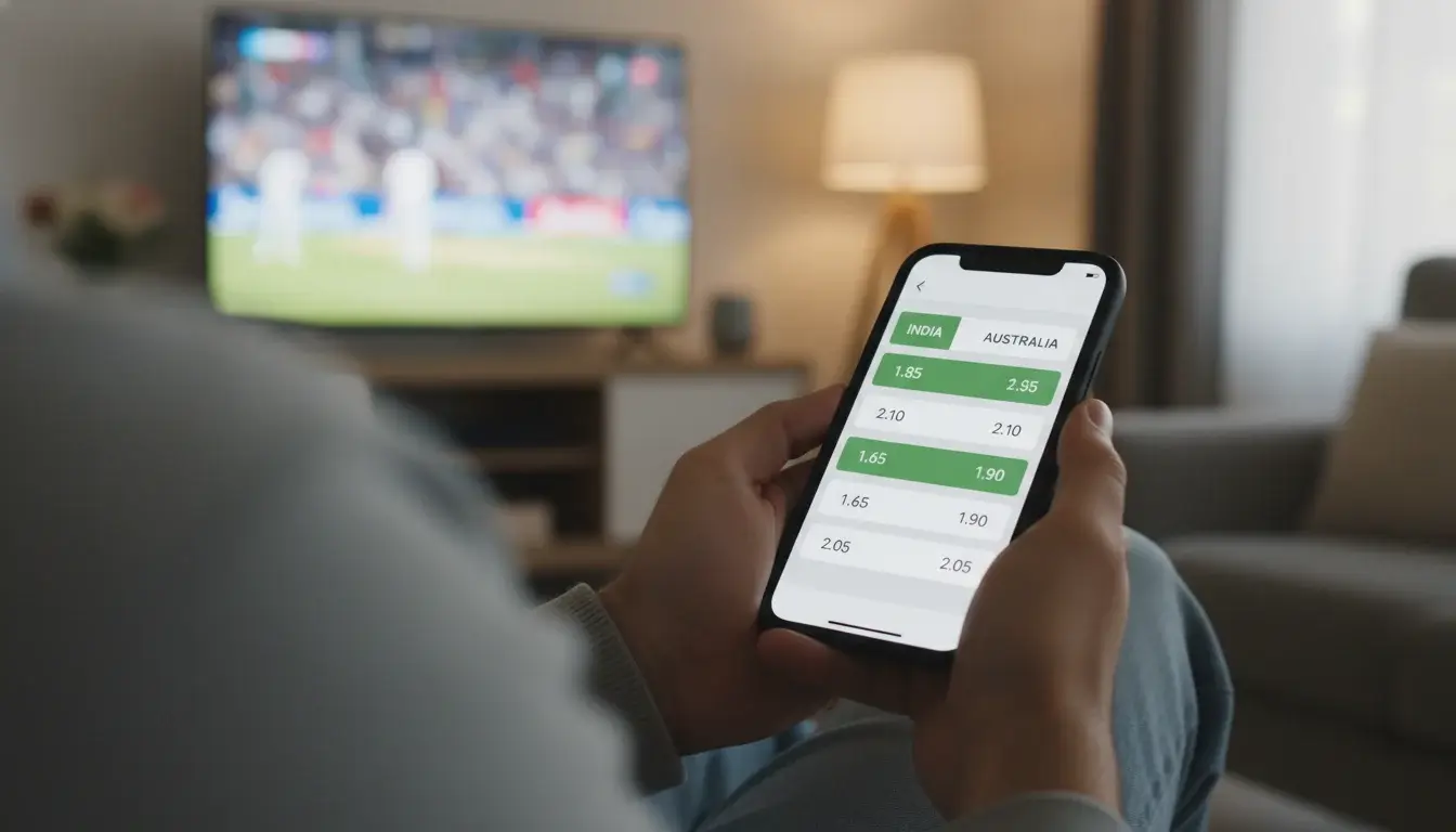 Smartphone met live cricket odds display tijdens wedstrijd