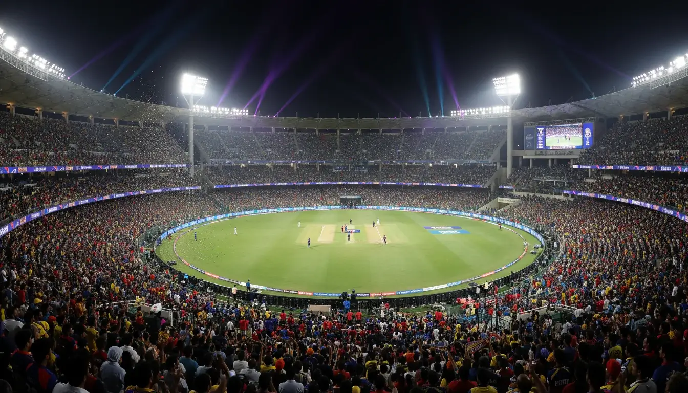 IPL cricket stadion met enthousiast publiek en gekleurde verlichting